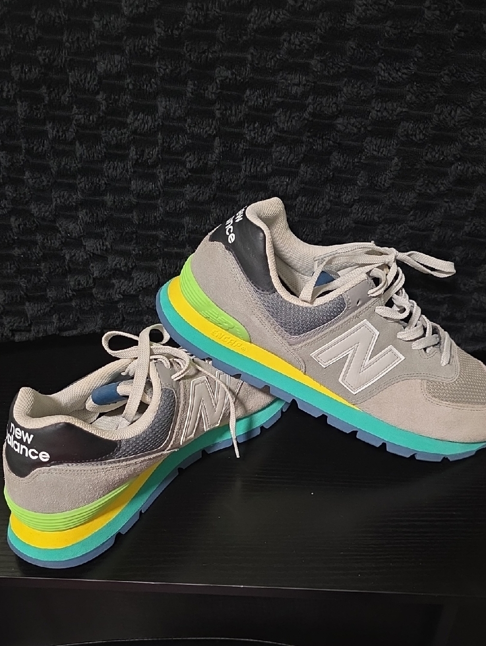 New Balance Men's Gray Suede Sneakers with Turquoise and Yellow Accents Size 13
